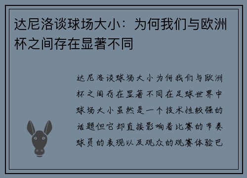 达尼洛谈球场大小：为何我们与欧洲杯之间存在显著不同
