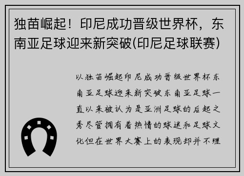 独苗崛起！印尼成功晋级世界杯，东南亚足球迎来新突破(印尼足球联赛)