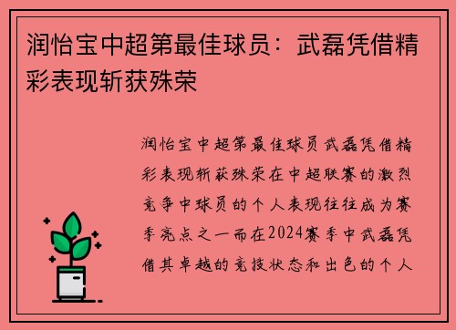 润怡宝中超第最佳球员：武磊凭借精彩表现斩获殊荣