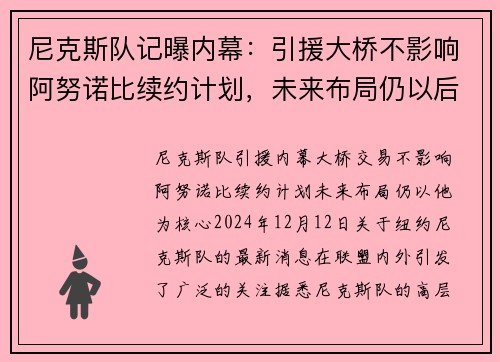 尼克斯队记曝内幕：引援大桥不影响阿努诺比续约计划，未来布局仍以后者为重
