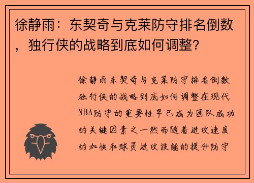 徐静雨：东契奇与克莱防守排名倒数，独行侠的战略到底如何调整？