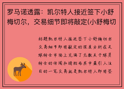 罗马诺透露：凯尔特人接近签下小舒梅切尔，交易细节即将敲定(小舒梅切尔维猜)