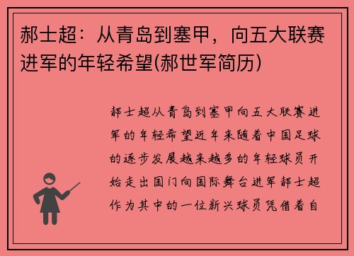 郝士超：从青岛到塞甲，向五大联赛进军的年轻希望(郝世军简历)