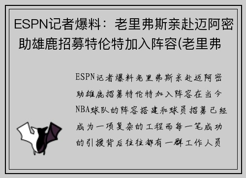 ESPN记者爆料：老里弗斯亲赴迈阿密 助雄鹿招募特伦特加入阵容(老里弗斯被翻盘)