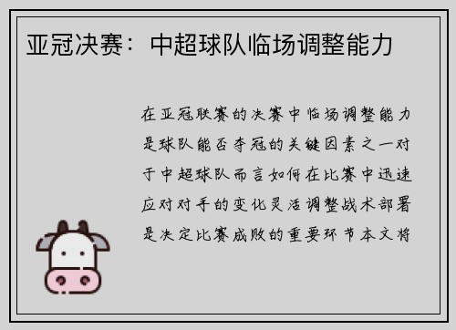 亚冠决赛：中超球队临场调整能力