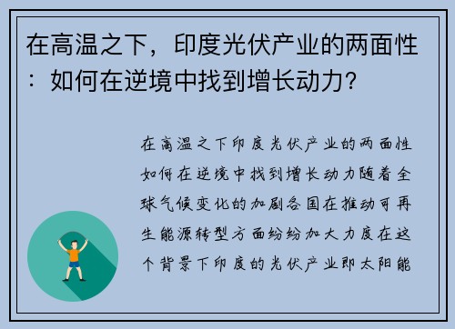 在高温之下，印度光伏产业的两面性：如何在逆境中找到增长动力？
