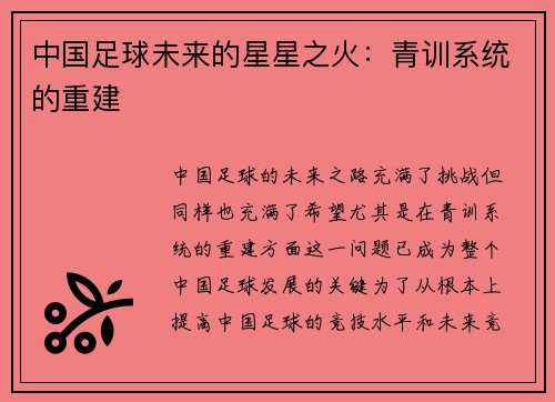 中国足球未来的星星之火：青训系统的重建